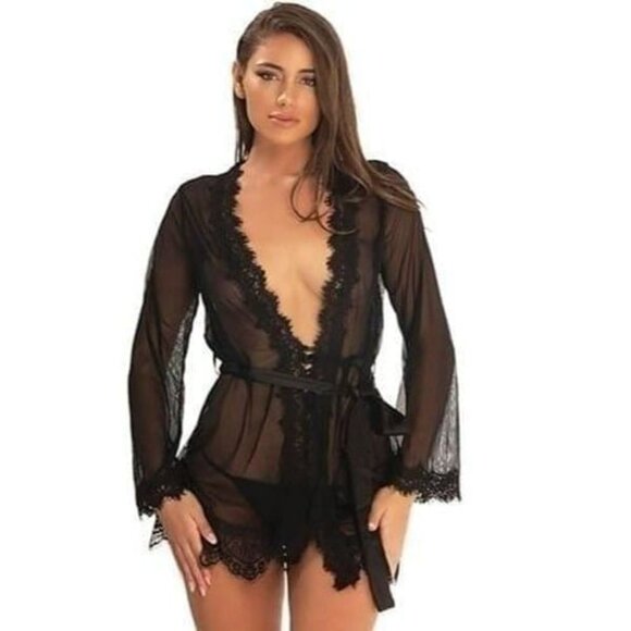 Oh La La Cheri Black Eyelash Lace Robe Set Belted Tie Lingerie - Picture 1 of 11
